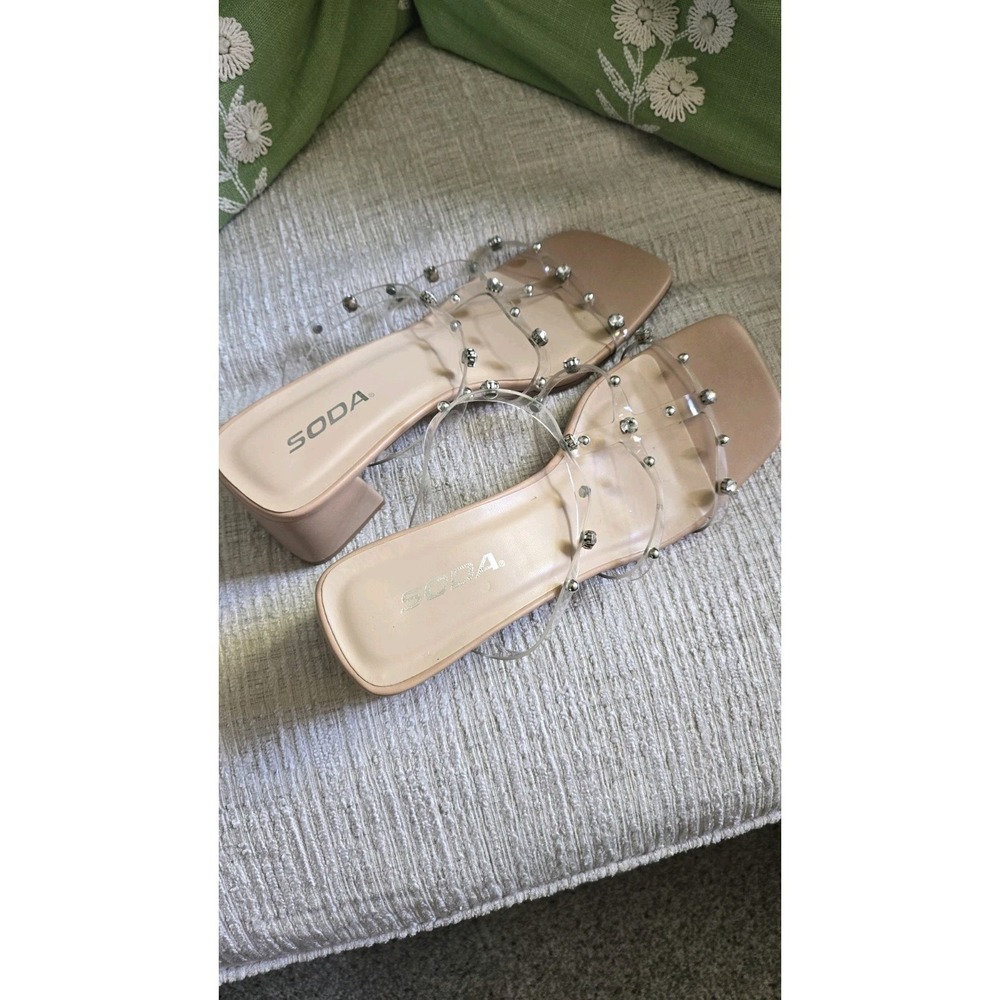 Soda Nude Tan Clear Heels Silver Studs Bling Women's Size 8.5 Open Toe EUC!
